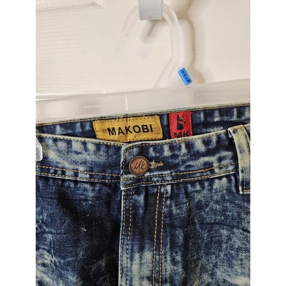 Makobi Jeans Moto Biker Blue Acid Wash Distressed Denim Mens 42x32 - Picture 4 of 12